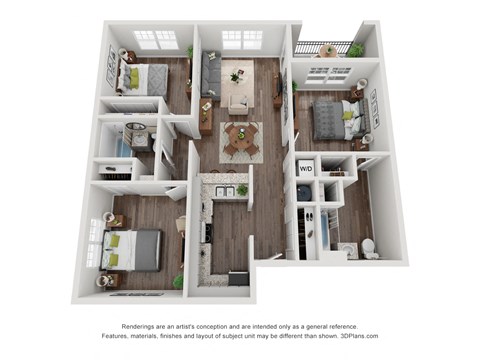 3 Bedroom Floor Plan | 1,048 Sq. Ft. at Crogman School Lofts, Georgia, 30315
